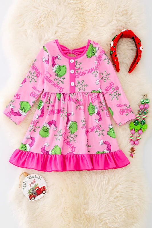 Green and Pink the mean one ruffle dress