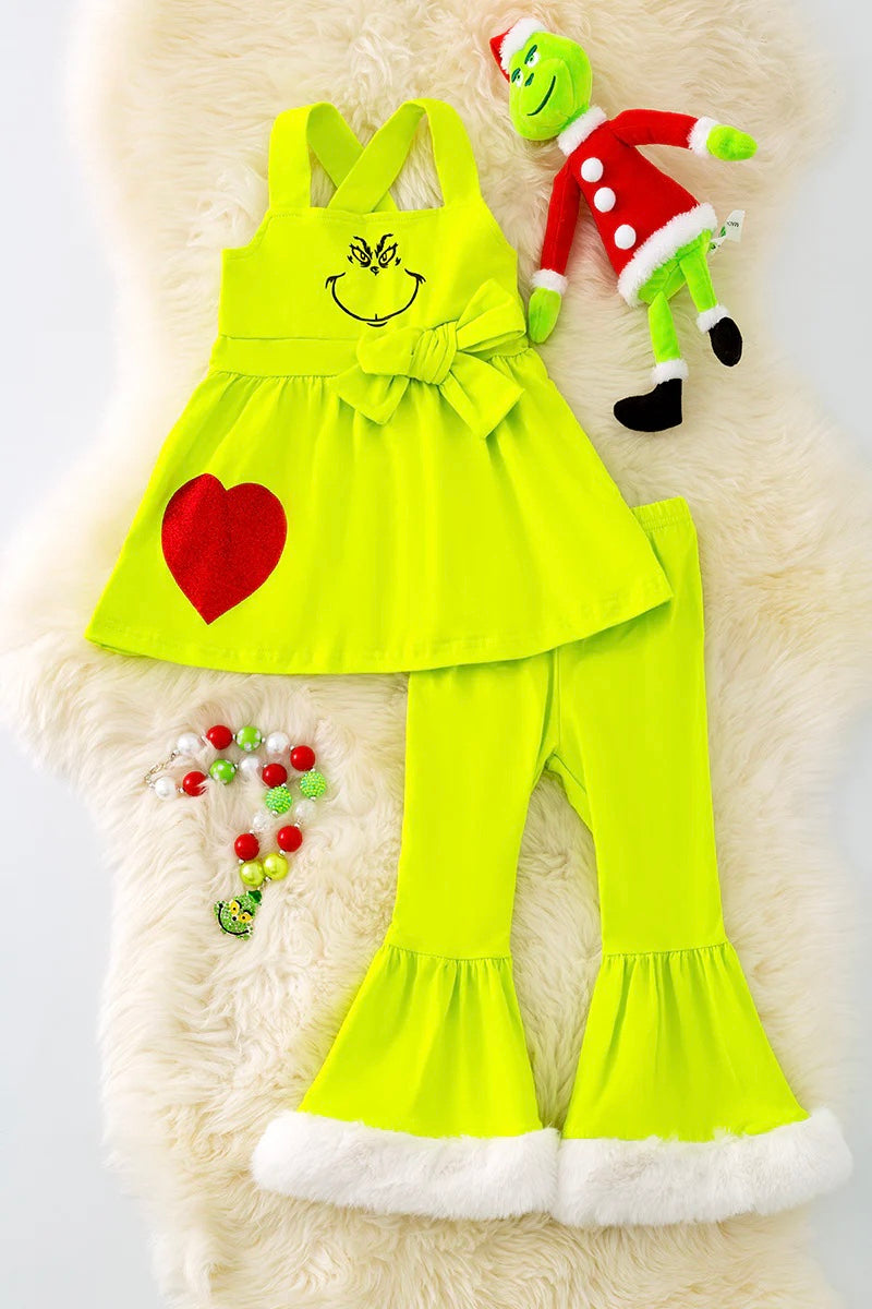 Mean green guy heart faux fur Bellbottom set