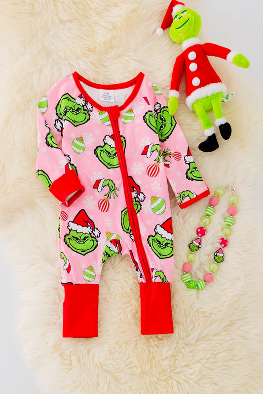 Green Guy ornament zip up romper