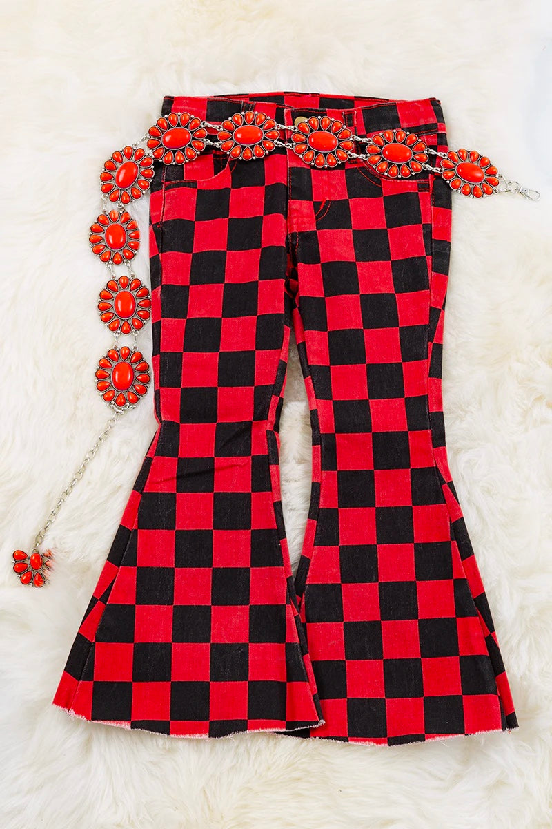 Red checkered bootcut jeans