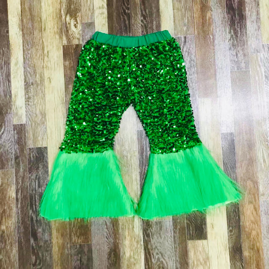 Green sequin Bellbottoms with fur detail