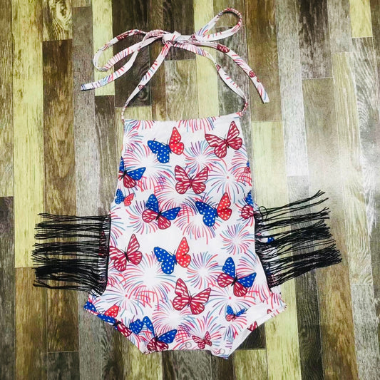 American butterfly tassel romper