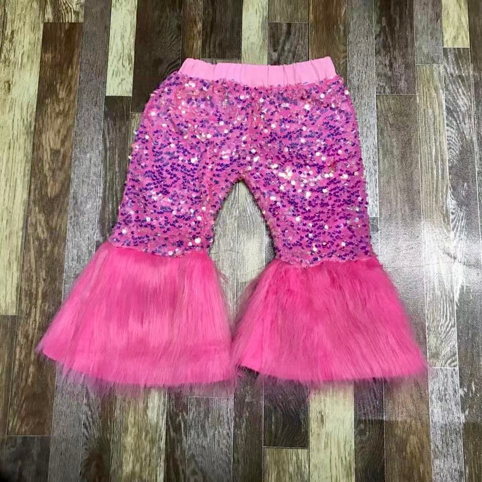 Bubblegum Pink Sequin Fur Bellbottoms